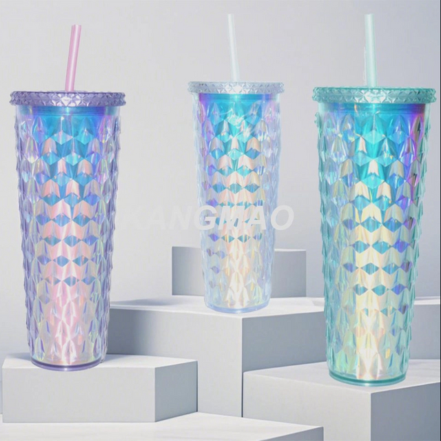 24OZ double wall plastic tumbler with electroplating card inside diomand finish