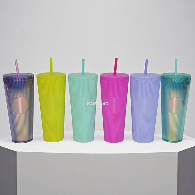 24OZ electroplating card inside double wall plastic water bottle with lid and straw